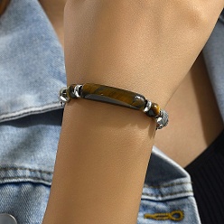 Тигровый глаз Браслеты из натуральных бусин тигрового глаза, браслеты из нержавеющей стали с цепочкой из пшеницы для мужчин и женщин, Круглый и прямоугольный, внутренний диаметр: 8-5/8 дюйм (22 см)