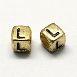 Letter Antique Golden Plated Large Hole Acrylic European Beads, Horizontal Hole, Cube with Letter, Random Mixed Letters, 6x6x6mm, Hole: 4mm, about 2950pcs/500g