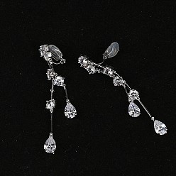 Платина Серьги-клипсы с кисточками из прозрачного кубического циркония в форме капли, платина, 75x8 мм