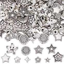 Antik Silber Farbe 100 Stück 10 Stile tibetischen Stil Legierungsperlen, cadmiumfrei und bleifrei, Stern, Antik Silber Farbe, 5~12x5~14x2.5~6 mm, Bohrung: 1~2 mm, 10 Stück / Stil