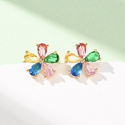 Real 18K Gold Plated Brass Micro Pave Cubic Zirconia Stud Earrings for Women, Flower, Real 18K Gold Plated, 11x11.5mm