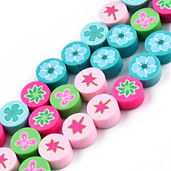 Colorful Handmade Polymer Clay Beads Strands, Flat Round with Flower, Colorful, 9~9.5x4.5~5mm, Hole: 1.6~1.8mm, about 40pcs/strand, 14.57 inch(37cm)