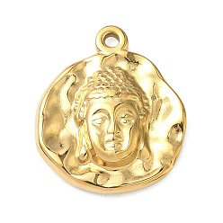 Настоящее золото 18K Кованые 304 подвески из нержавеющей стали, Плоская круглая подвеска в виде головы Будды., ионное покрытие (ip), реальный 18 k позолоченный, 21.5x18x3.5 мм, отверстие : 1.6 мм