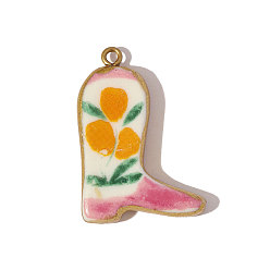 Настоящее золото 18K 304 нержавеющая сталь с фарфоровыми подвесками, сапоги с цветочными подвесками, ионное покрытие (ip), реальный 18 k позолоченный, 33x23 мм