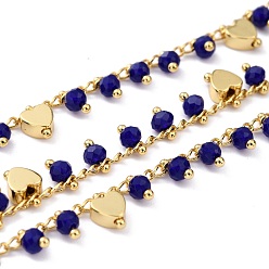 Синий Ручной цепи стекло бисером, с золотой латунной находкой и бусинами в форме сердца, пайки, с катушкой, долговечный, граненые круглые, синие, 2.5x1.5x0.5 мм, 32.8 футов (10 м) / рулон