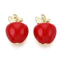 Красный Латунь эмаль подвески, яблочные прелести, с целью перехода в кольце, без кадмия, без никеля и без свинца, реальный 18 k позолоченный, красные, 20x15.5x9.5 мм, отверстие : 3 мм