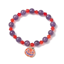 Аметист Эластичные браслеты из круглого натурального аметиста и стеклянных бусин диаметром 8 мм для Хэллоуина, браслеты с подвесками в форме тыквы из сплава эмали для женщин, внутренний диаметр: 2 дюйм (5.05 см)