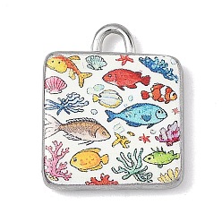 Fish Печатные 304 подвески из нержавеющей стали, квадратных амулеты, рыба, 18x15x3 мм, отверстие : 2.5 мм