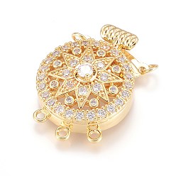 Настоящее золото 18K Латунные микро проложить кубического циркония ящик с застежками, плоско-круглые, прозрачные, реальный 18 k позолоченный, 30.5x21.5x10 мм, отверстия : 1.6 mm и 2.5 мм