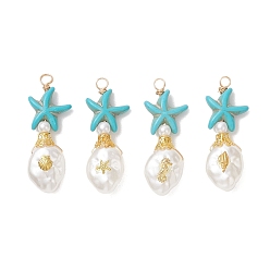 Золотой Подвески из окрашенной синтетической бирюзы и искусственного жемчуга из АБС-пластика, Морская звезда с овальными подвесками, с латунной фурнитурой , разнообразные, золотые, 37x14x7 мм, отверстие : 3 мм