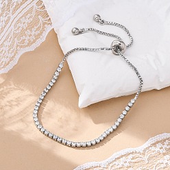 Платина Латунные кубические циркониевые браслеты боло для тенниса, слайдерные браслеты, квадратный, прозрачные, прозрачные, платина, 3.2~7.3 см, 1.5 мм