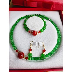 Зеленый лайм Ожерелья и браслеты из круглых бусин «кошачий глаз» и серьги-подвески, зеленый лайм, 470 мм