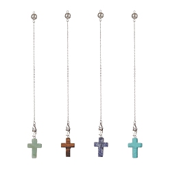 Mixed Stone Natural Gemstone Cross Dowsing Pendulums, with 304 Stainless Steel Cable Chains, Brass Hollow Ball, 190~193x1.6mm
