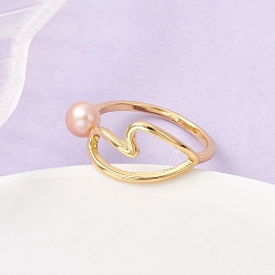 Pink Кольца латуни пальца, сердце, с натуральным культивированным пресноводным жемчугом, реальный 18 k позолоченный, розовые, 19 мм