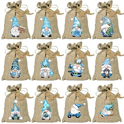 Light Sky Blue 24Pcs Christmas Linen Printed Drawstring Bags, Candy Storage Supplies, Rectangle, Light Sky Blue, 18x13cm