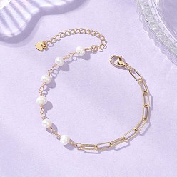 Настоящее золото 18K Латунные браслеты скрепки, браслеты-цепочки из круглых бусин натурального жемчуга для женщин, реальный 18 k позолоченный, 7.20 дюйм (18.3 см)