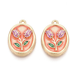 Легкий Лосось Стойки обшивки сплава эмали подвески, овал с цветочными подвесками, без кадмия, без никеля и без свинца, золотые, светлый померанцевый, 26x18x4~5 мм, отверстие : 1.6~1.8 мм