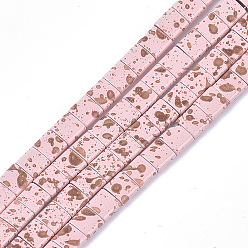 Pink Spray Painted Non-magnetic Synthetic Hematite Multi-Strand Links, For Tile Elastic Bracelets Making, Square, Pink, 5x5x2mm, Hole: 0.6mm, about 80pcs/strand, 15.7 inch