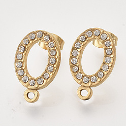 Кристалл 304 Выводы серьги из нержавеющей стали шпилька, со стразами, петля и ушные гайки / серьги спины, овальные, золотые, кристалл, 18.5x11.5x2 мм, отверстие : 1.5 мм, штифты : 0.8 мм