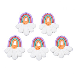 White Handmade Polymer Clay Pendants, Rainbow & April Daisy, White, 41~42x34~37x4~6mm, Hole: 1.8mm