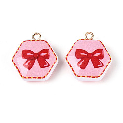 Pink Печатные акриловые подвески, шестиугольные подвески и бантики, с латунной найти, розовые, 22~22.5x20x8~8.5 мм, отверстие : 2 мм