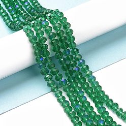 Dark Cyan Electroplate Glass Beads Strands, Half Rainbow Plated, Faceted, Rondelle, Dark Cyan, 4x3mm, Hole: 0.4mm, about 123~127pcs/strand, 16.5~16.9 inch(42~43cm)