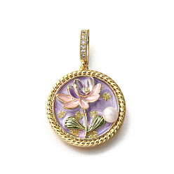 Лиловый Латунные подвески с микропаве из кубического циркония и эмали, плоский круглый с цветными чарами, с блестящей пудрой и натуральным пресноводным жемчугом, без никеля , реальный 18 k позолоченный, сирень, 25.5x23.5x7.5 мм, отверстие : 6.5x4.5 мм