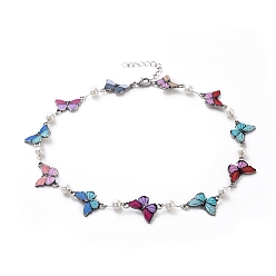 Colorful Link Chain Necklaces, with Glass Pearl, Butterfly Shape Alloy Enamel Links, Iron Twisted Chains and 304 Stainless Steel Lobster Claw Clasps, Colorful, 15.55 inch(39.5cm)