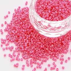 Deep Pink Fluorescent Color Glass Cylinder Beads, Seed Beads, Baking Paint, Round Hole, Deep Pink, 1.5~2x1~2mm, Hole: 0.8mm, about 8000pcs/bag, about 1pound/bag