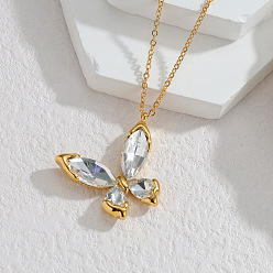 Прозрачный 304 ожерелья с подвесками из нержавеющей стали с кубическими циркониями, бабочка, золотые, прозрачные, 15.75 дюйм (40 см)