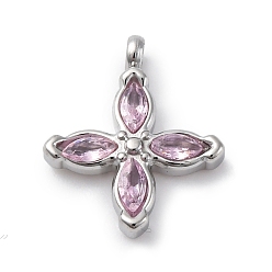 Pink 304 подвески из нержавеющей стали, с кубического циркония, цветок, розовые, 16x13.5x3 мм, отверстие : 1.8 мм