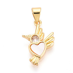 Настоящее золото 18K Латунные микропаве прозрачные подвески с фианитом, без кадмия и без свинца, с оболочкой, птица и сердце, реальный 18 k позолоченный, 18x12x2.5 мм, отверстие : 5x3.5 мм