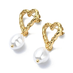Golden Ion Plating(IP) 304 Stainless Steel Heart Dangle Stud Earrings, Plastic Pearl Drop Earrings, Golden, 37.5x20mm