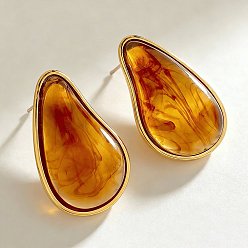 Chocolate 304 aretes de resina de acero inoxidable, lágrima, dorado, chocolate, 34x21 mm
