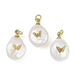 Бабочка Натуральные кеши жемчужные подвески, подвески-слезинки с 316 ломтиками из нержавеющей стали, ионное покрытие (ip), реальный 18 k позолоченный, цветочный белый, бабочка, 15~18x10~12x6~7 мм, отверстие : 2.8 мм