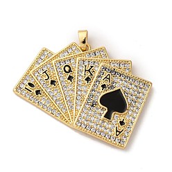 Playing Theme Подвески из латуни с микропаве из кубических цирконий и эмали, покер, стойки покрытие, без свинца и без кадмия, долговечный, реальный 18 k позолоченный, игровая тема, 25x35x3.5 мм, отверстие : 5x2.5 мм