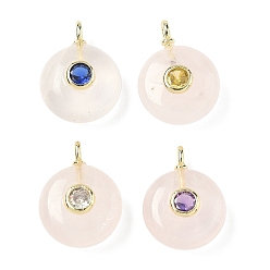 Розовый Кварц Плоские круглые подвески из натурального розового кварца, с латунными микро проложить кубических выводы циркония, золотые, 18.5x14x8 мм, отверстие : 2x1 мм