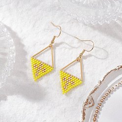 Золотистый Серьги-подвески из стеклянных бусин ручной работы, с 304 нержавеющей стали серьги крючки, ромб, золотые, 47x19 мм