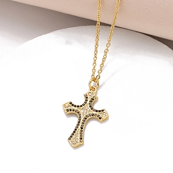 Golden Brass Micro Pave Cubic Zirconia Pendant Necklaces, Cross, Golden, 17.72 inch(45cm), Pendant: 28x19mm
