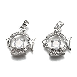 Рыбы Латунные прозрачные кубические циркониевые подвески в виде созвездий, долговечный, Реальная платина, Рыбы, 21x19x4 мм, отверстие : 4.5x2 мм