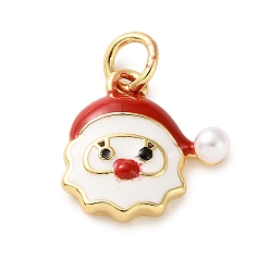 Santa Claus Латунные подвески, с эмалевыми и акриловыми жемчужными бусами, без кадмия и без свинца, реальный 18 k позолоченный, с целью перехода в кольце, Дед Мороз, 13x13x4 мм, отверстие : 3.2 мм