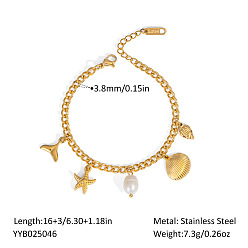 Настоящее золото 18K Стильные браслеты с подвесками из нержавеющей стали в виде океана, браслеты из цепочек панцирного плетения для женщин, морская звезда и форма ракушки и рыбий хвост, реальный 18 k позолоченный, 6-1/4 дюйм (16 см)