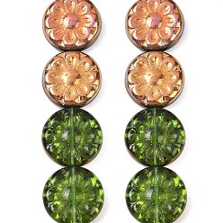 Цвет Оливы Чешские прессованные стеклянные бусины, плоские круглые с цветком, оливковый, 18x5.5 мм, отверстие : 1 мм, около 30 шт / упаковка