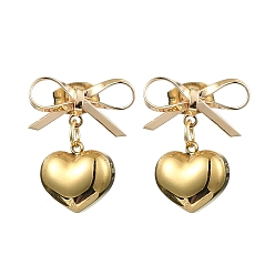 Golden Brass Bowknot with 304 Stainless Steel Heart Dangle Stud Dangle Earrings, Golden, 19x14mm