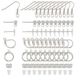 Stainless Steel Color Stainless Steel Stud Earring Findings, with Earring Hooks, Leverback Earrings Findings, Stainless Steel & Plastic Ear Nuts, Stainless Steel Color, 130pcs/box