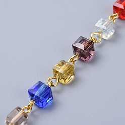 Золотой Ручной цепи стекло бисером, несварные, с железными ушками, кубические, золотые, 39.37 дюйм (100 см), ссылка: 13x6x6 mm, 1 м / прядь