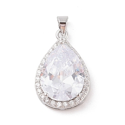 Прозрачный Стойка металлическая латунная микропрофилированная кубическая циркония подвески, долговечный, слеза, платина, прозрачные, 23x15x7 мм, отверстие : 4x4 мм