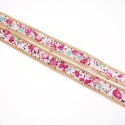Colorful Plastic Mesh Wrap Roll, with Resin Chip Beads and Light Gold Brass Chain, Rhinestone Ribbon, Clothing Accessories, Colorful, 12x5mm