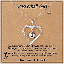 Серебро Спортивный мяч сердце сплав микро паве прозрачный кубический цирконий кулон ожерелья для девочек, платина, баскетбол, 15.75 дюйм (40 см)