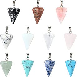 Mixed Stone 11pcs 11 style Cone/Spike/Pendulum Natural & Synthetic Gemstone Pendants, with Platinum Plated Iron Findings, 25~27x14x14mm, Hole: 6x3mm, 1pc/style